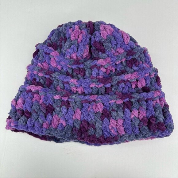 Handmade New Purple Pink Chunky Chenille Slouchy Winter Knit Beanie Large - Picture 9 of 11